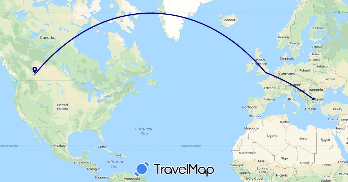 TravelMap itinerary: driving in Bulgaria, Canada, United Kingdom (Europe, North America)